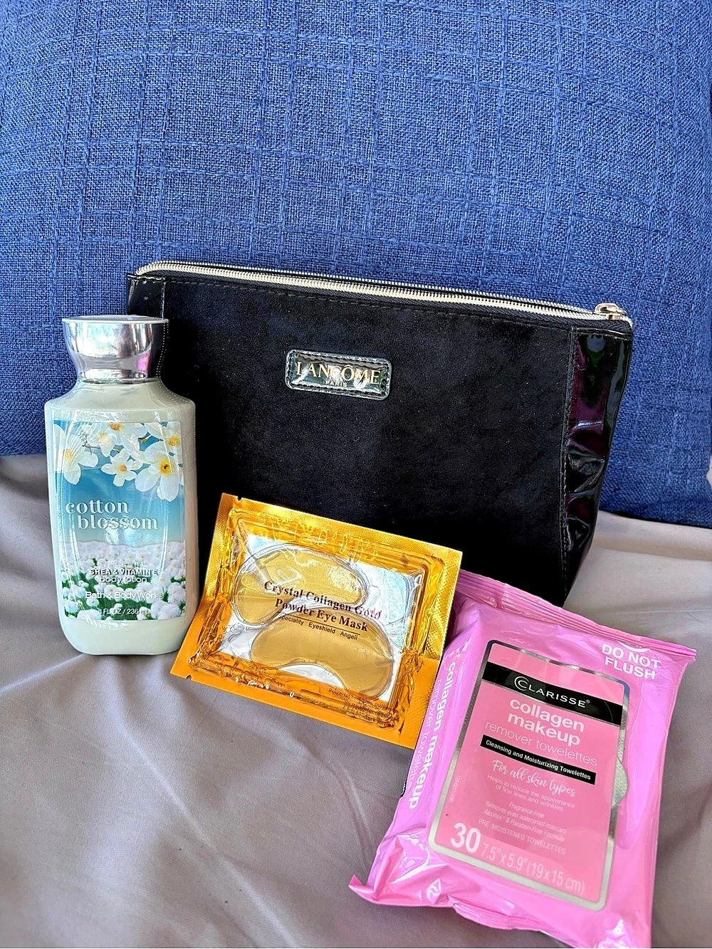 Lancôme Black Suede & Patent Makeup Bag Pouch Bundle with Bonus Self Care Items